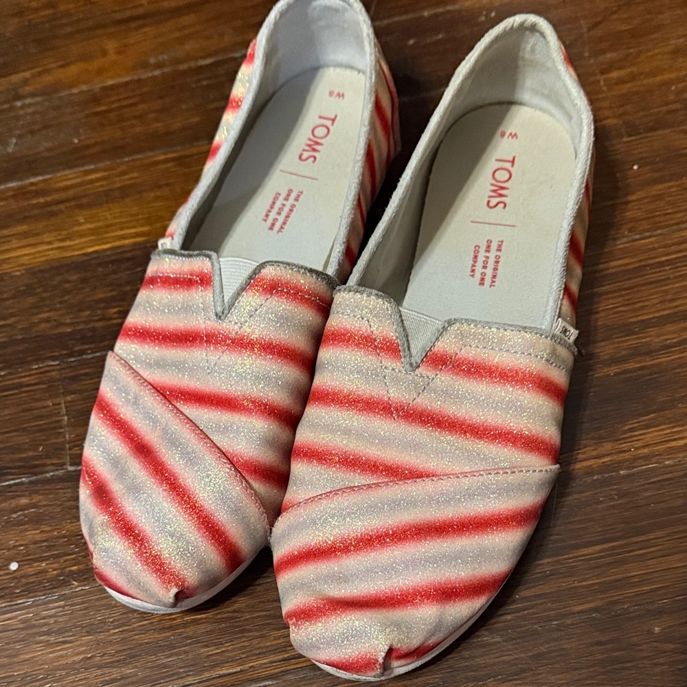 TOMS Red and Gold Glitter Slip-Ons
